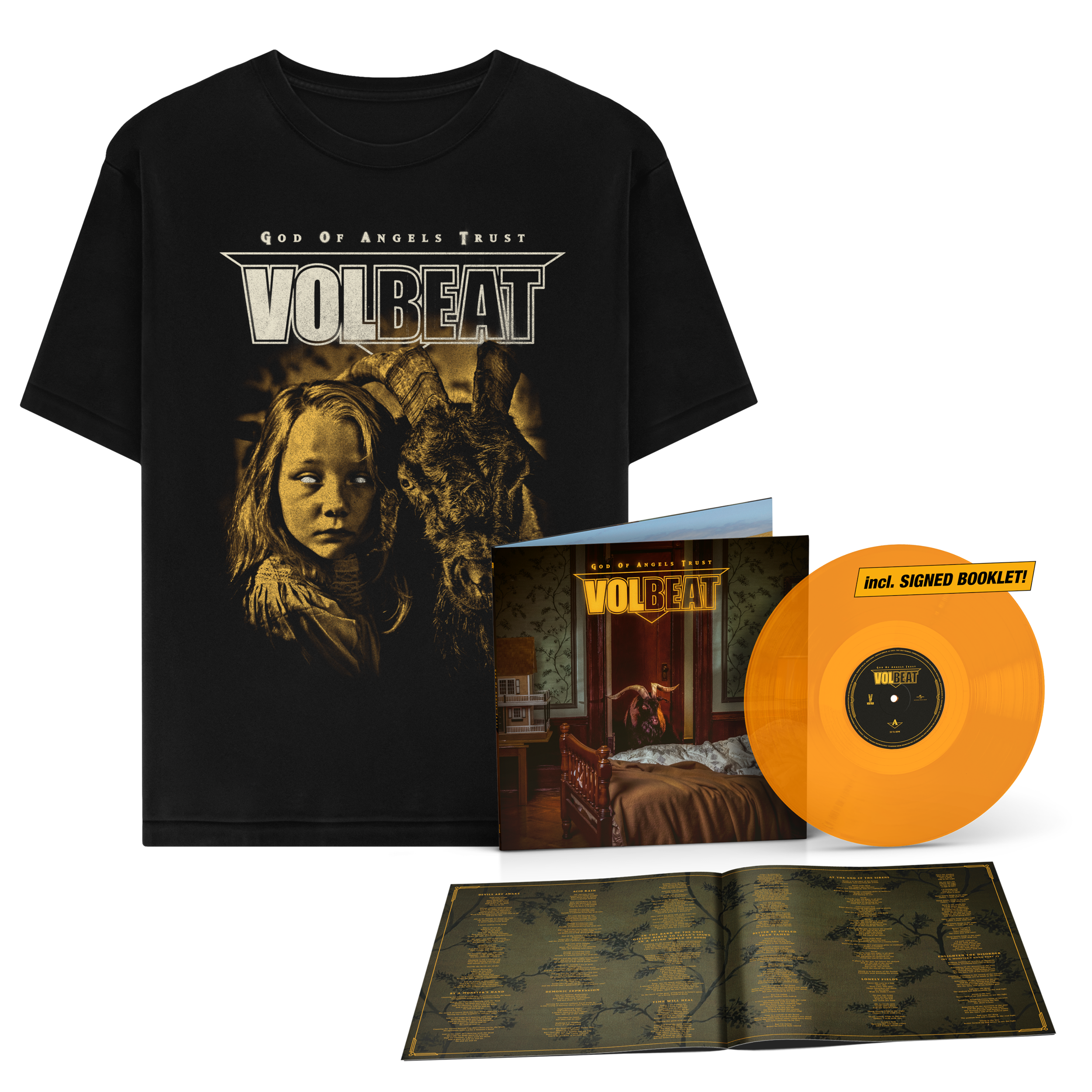Volbeat God Of Angels Trust LP Lamplight Glow + signiertes Booklet + T-Shirt 400054